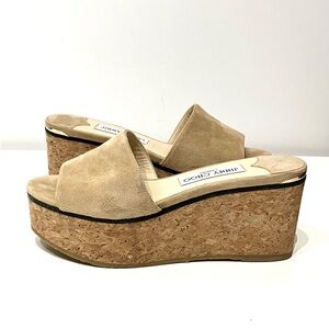 Jimmy Choo Beige Suede Cork Wedge Sandals 36